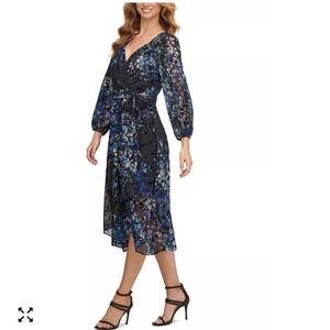 DKNY Womens Blue Floral Faux Wrap Midi Dress Long Sleeve Burnout Chiffon Size 12